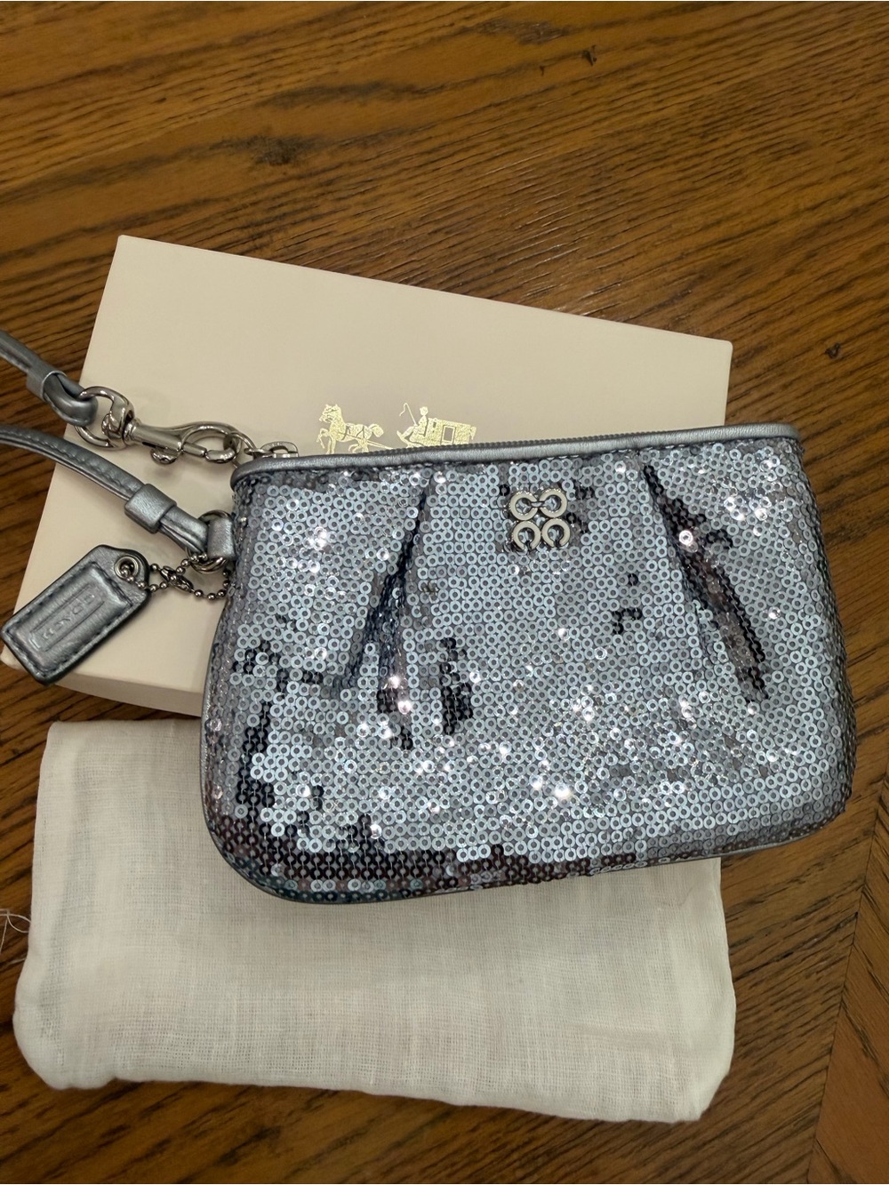 EUC Coach Silver Sequin Wristlet Pouch, Dust bag and Box